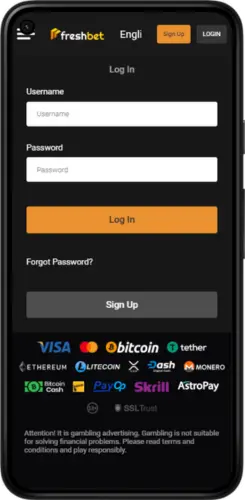 FreshBet app login page on Android with username and password fields